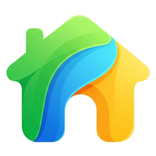 Huusify. Logo, ein Haus in bunten Farben